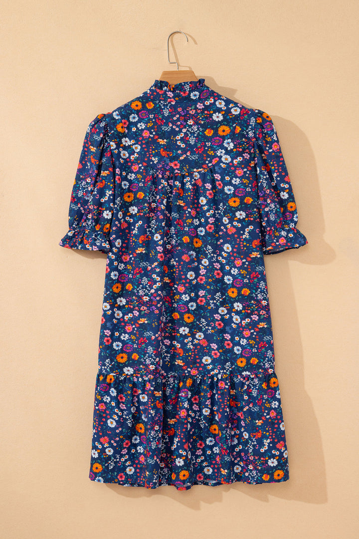 Wild Daisy Floral Split Neck Short Puff Sleeve Mini Dress