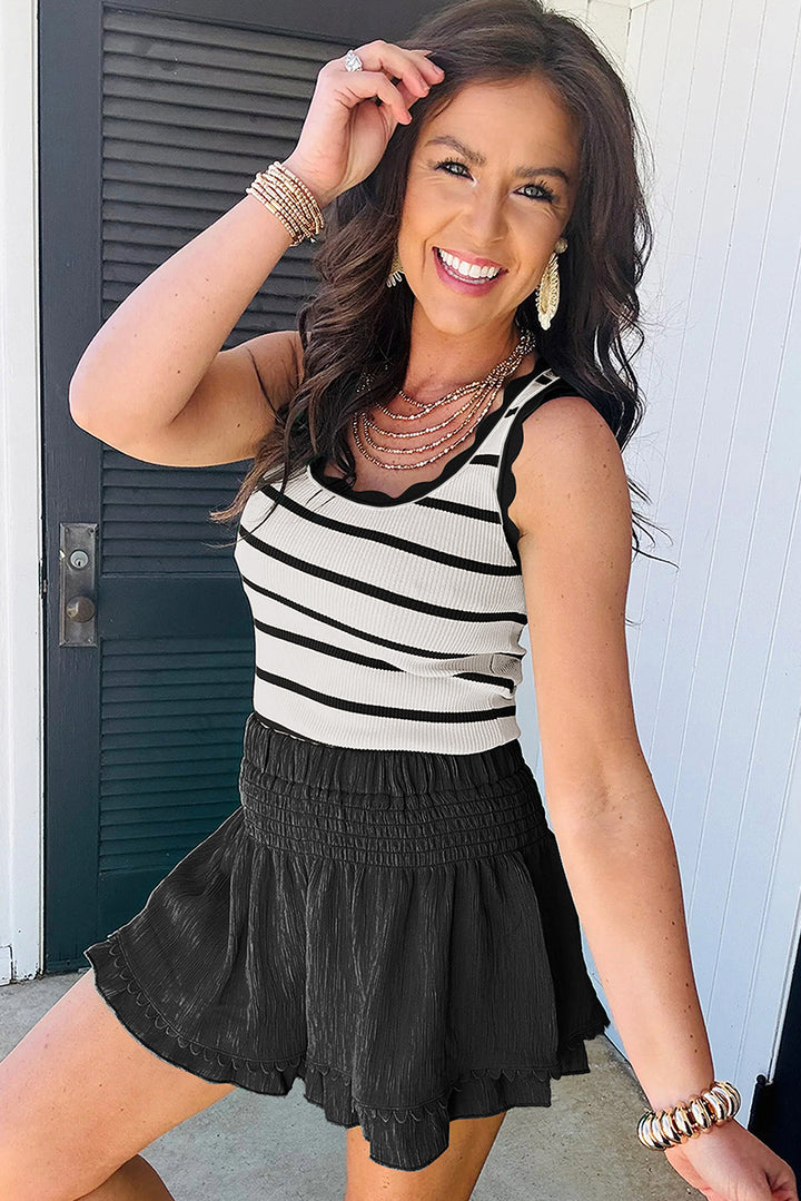 Black Striped Scalloped Edge U Neck Sleeveless Sweater Vest