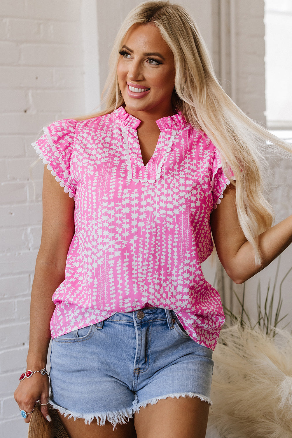 abstract print ric rac trim flutter sleeve notch v neck blouse