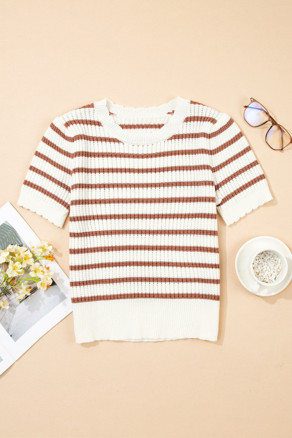 Scalloped Round Neck Short Sleeve Sweater