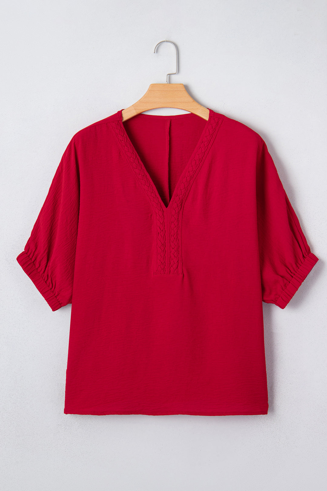 Braided Trim V Neck Half Sleeve Blouse