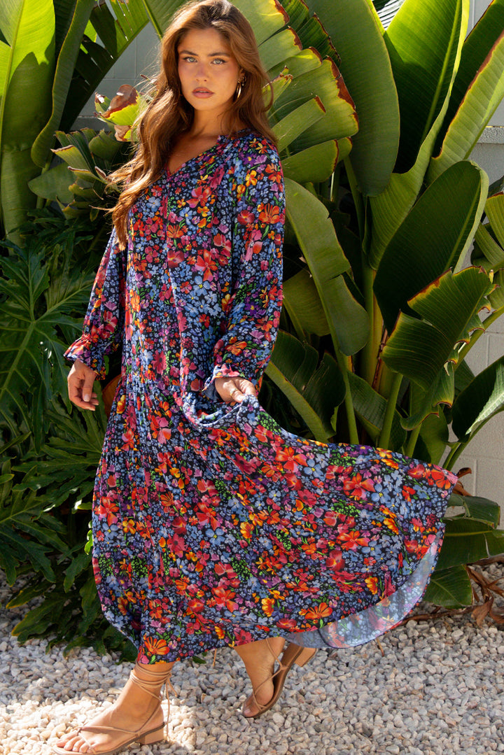 Floral Print Tassel Tie V Neck Long Sleeve Flowy Long Dress