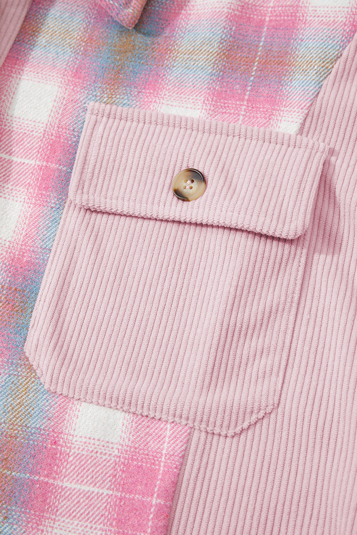 Pink Brushed Plaid Corduroy Flap Pockets Patchwork Shacket