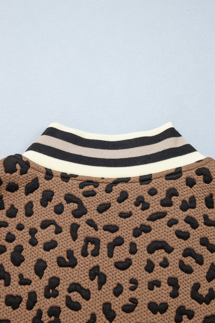 Brown Leopard Print Striped Trim Collar Long Sleeve Shift Pullover