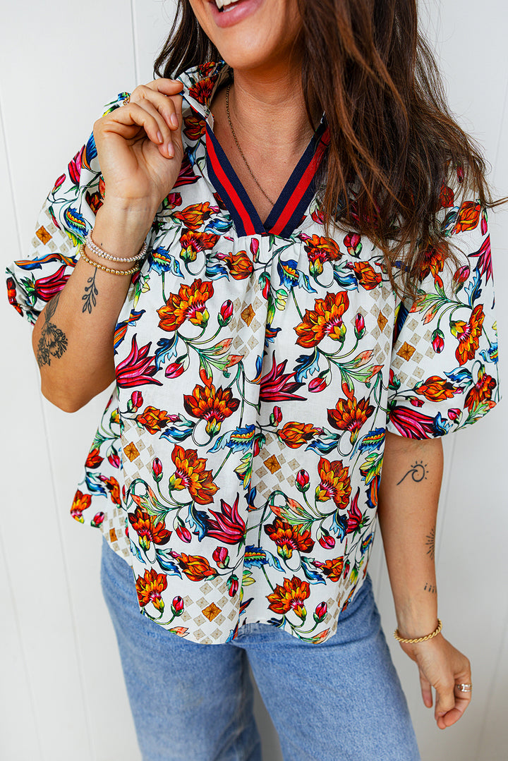 Contrasted V Neckline Floral Puff Short Sleeve Blouse