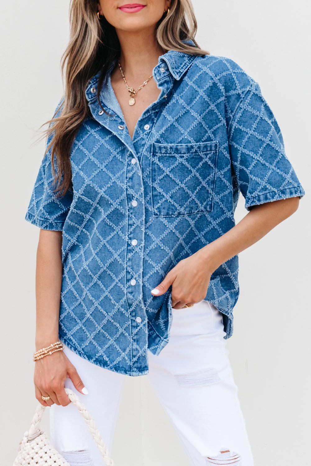 checkered textured short sleeve patched pocket denim shirt