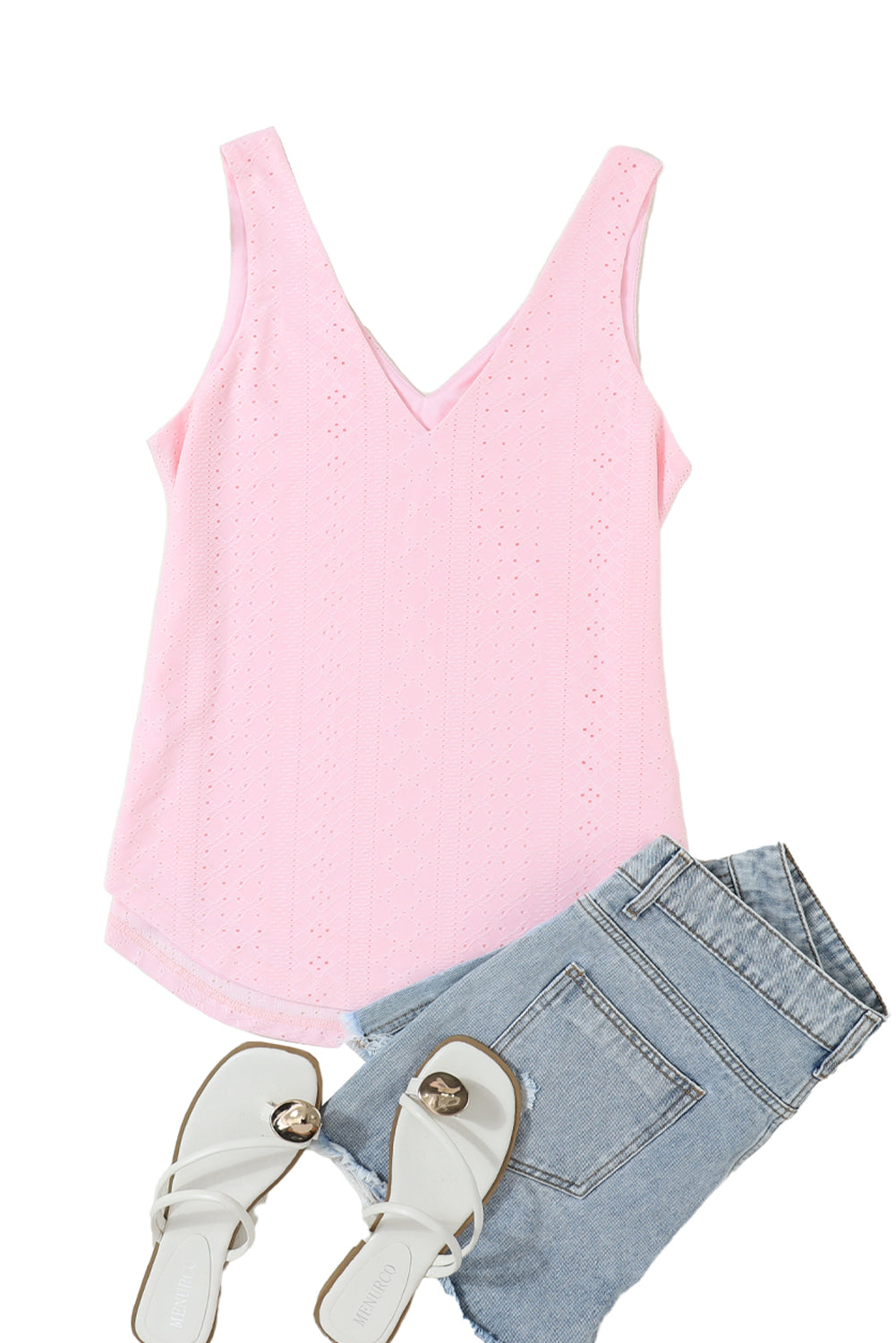 Light Pink Eyelet Knit Patterned Loose V Neck Tank Top