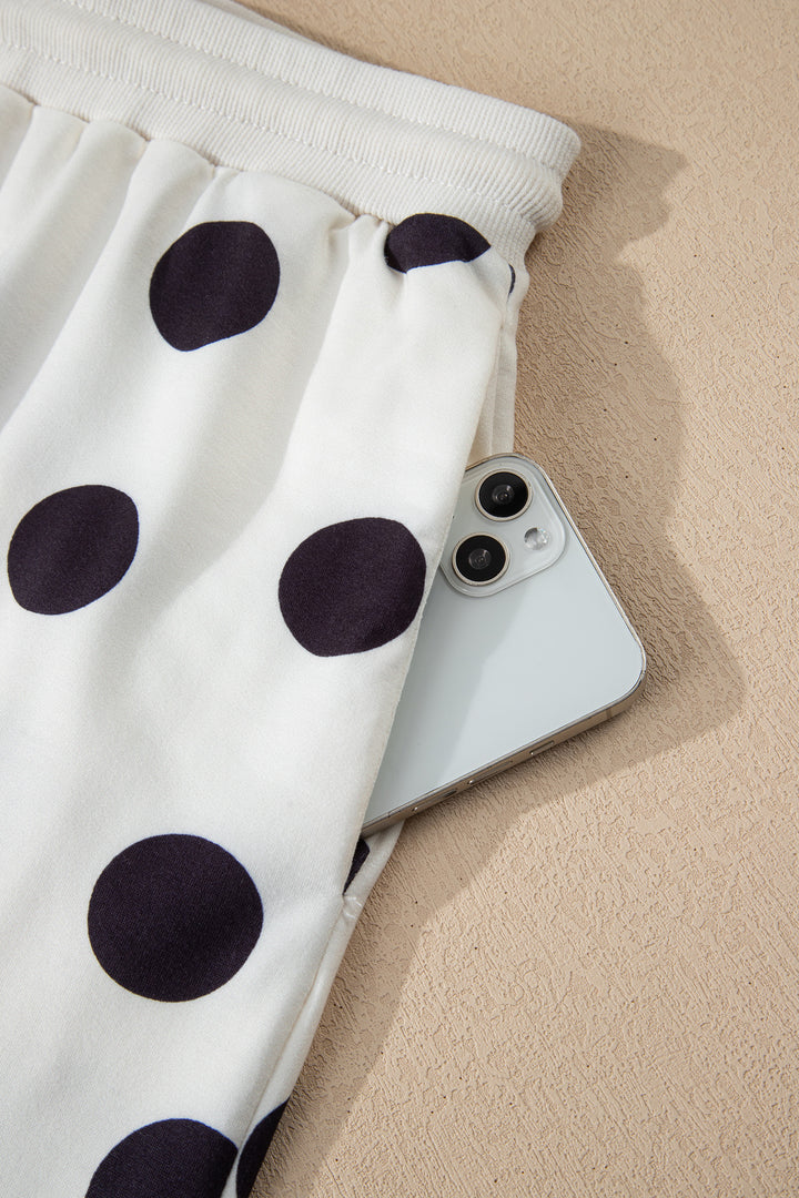 Beige Polka Dot Print Drop Shoulder Pullover Drawstring Shorts Set