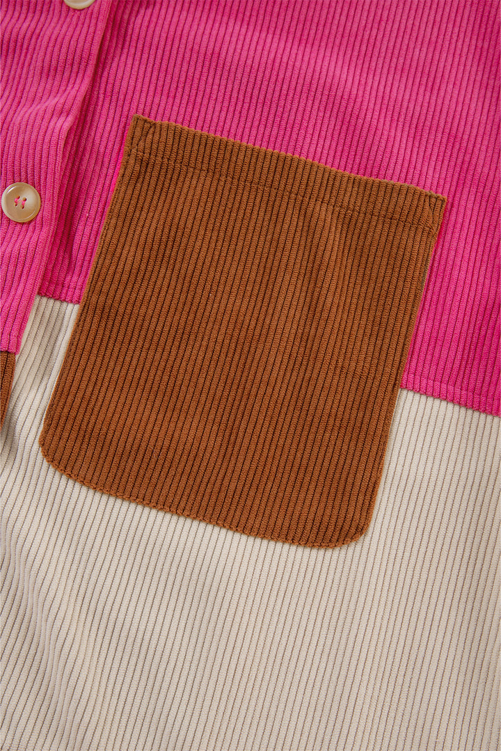 Rose Red Colorblock Curved Hem Corduroy Shacket