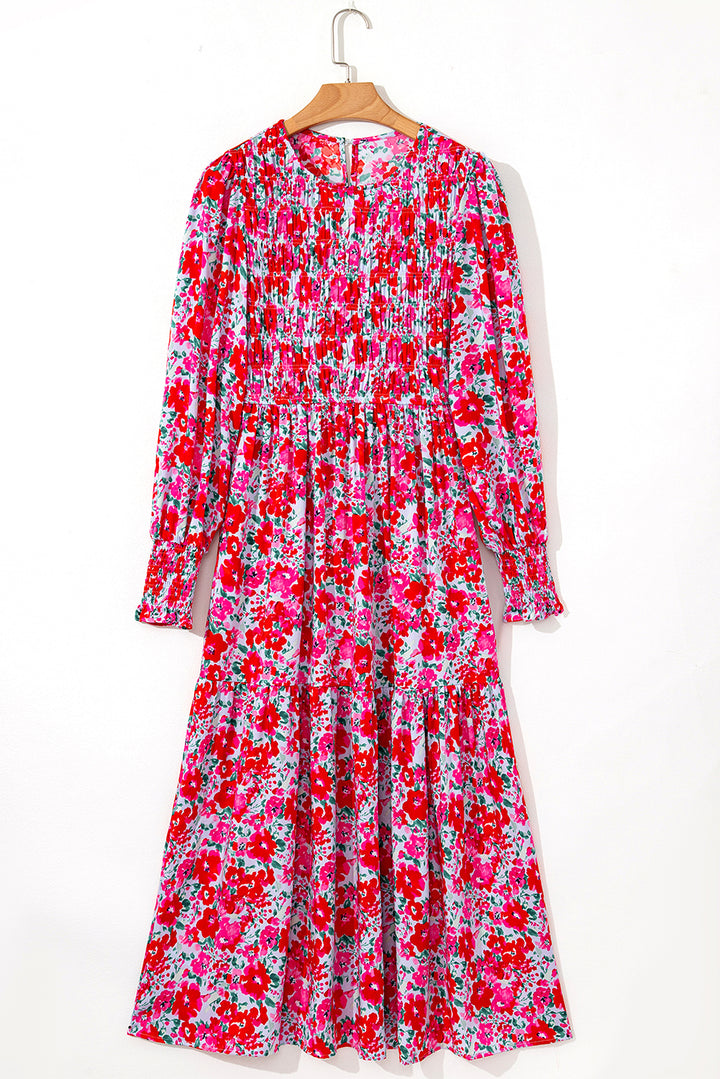 Floral Print Smocked Lantern Sleeve Tiered Maxi Dress
