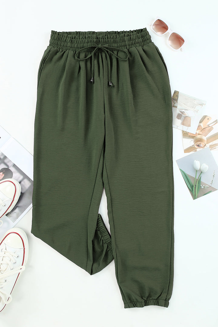 Green Solid Color Drawstring Smocked Waist Joggers
