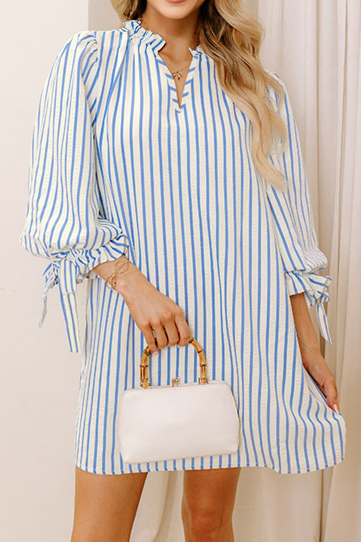 Sky Blue Stripe Knotted Bracelet Sleeve Shift Mini Dress