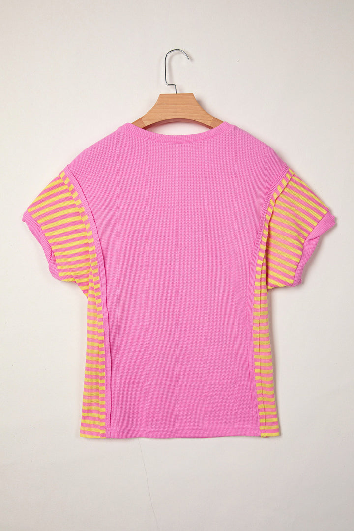 Waffle Textured Contrast Striped Patchwork Loose T Shirt