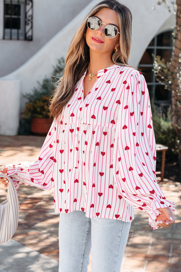 Textured Heart Print Long Flounce Sleeve Shirt