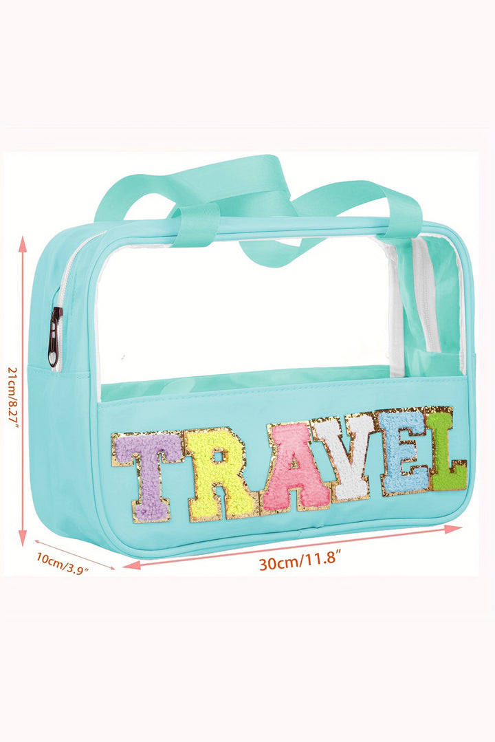 Trousse de maquillage TRAVEL en PVC transparent avec lettres en chenille