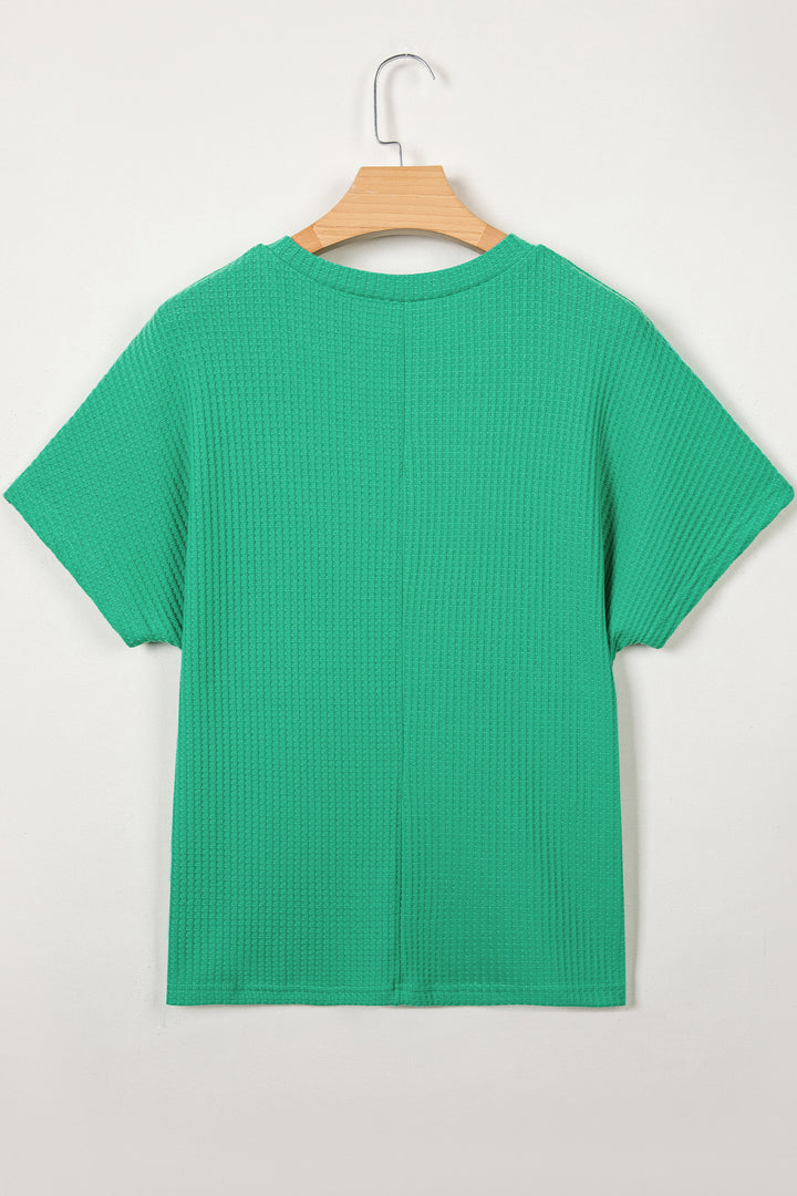 Sea Green Waffle Textured Knit Dolman Short Sleeve Loose Top