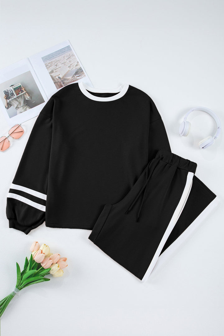 Black Varsity Stripe Patchwork Puff Sleeve Pullover Drawstring Wide Leg Pant Set