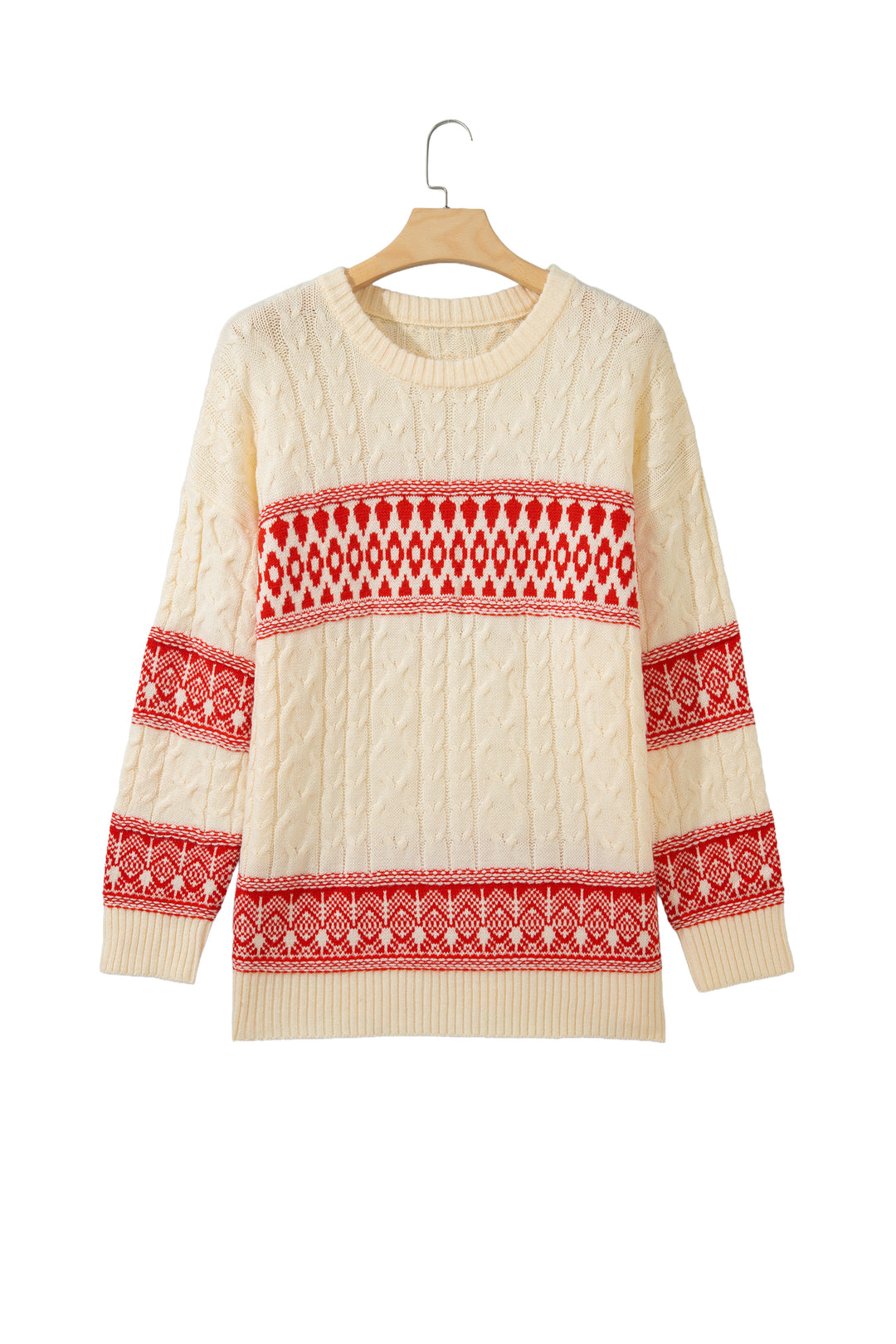 Red Western Print Round Neck Long Sleeve Shift Sweater