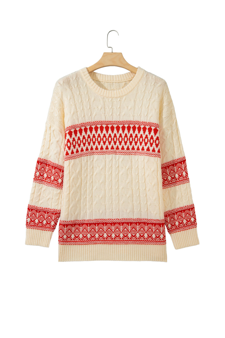 Red Western Print Round Neck Long Sleeve Shift Sweater