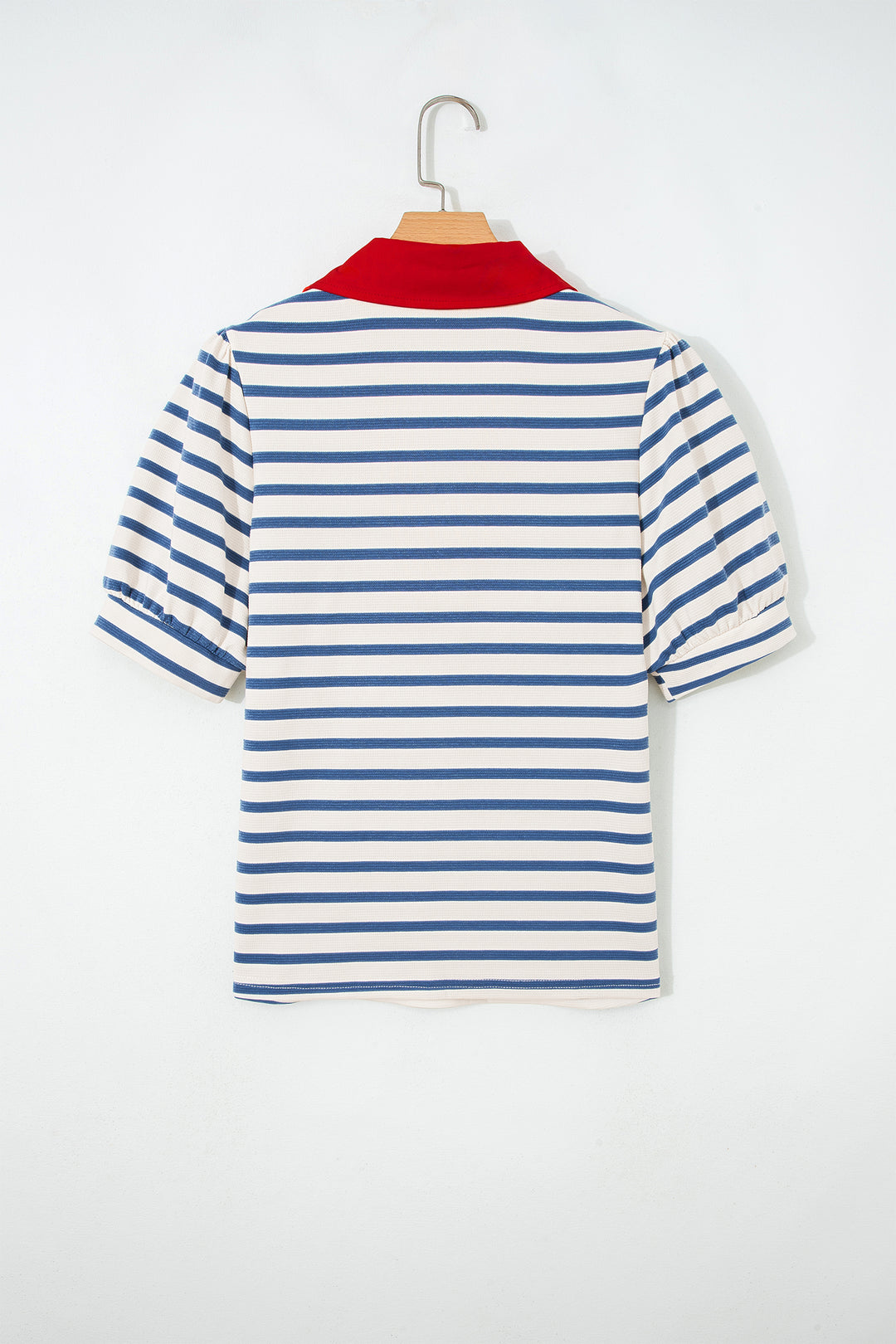 Blue Stripe Short Puff Sleeve Color Block Polo Collar Blouse