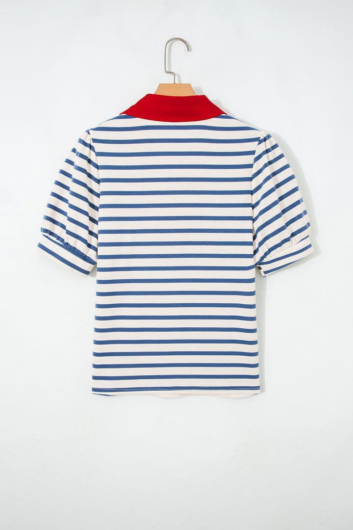 Blue Stripe Short Puff Sleeve Color Block Polo Collar Blouse