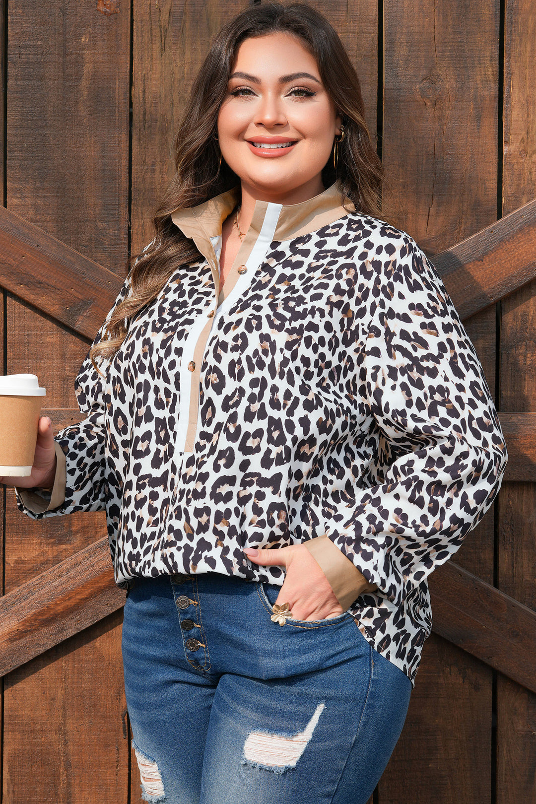 Multicolour Leopard Print Contrast Trim Button Split Neck Plus Long Sleeve Top