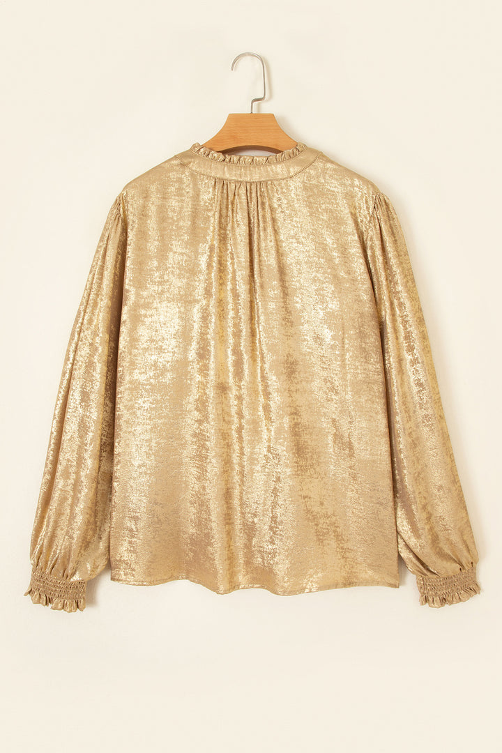 Gold Metallic Sheen V Neck Gathered Cuff Long Sleeve Blouse