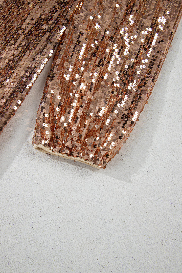 Gold Sequined Long Sleeve Cutout Back Cocktail Party Mini Dress