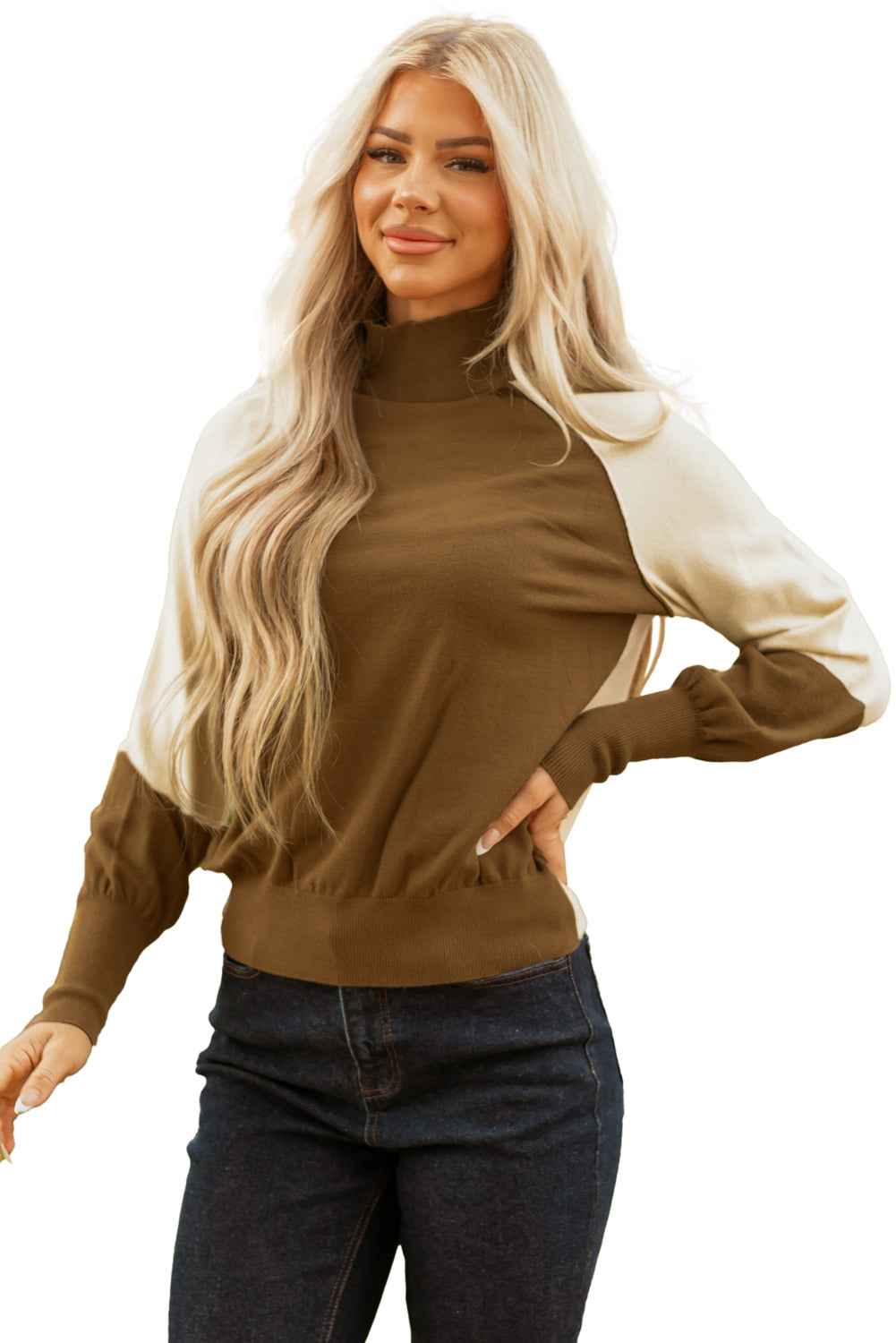 Colorblock Raglan Puff Sleeve Mock Neck Sweater