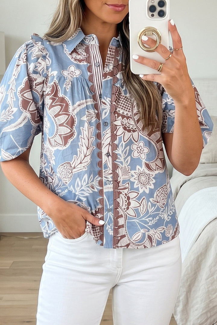 Sky Blue Boho Floral Print Short Sleeve Shirt