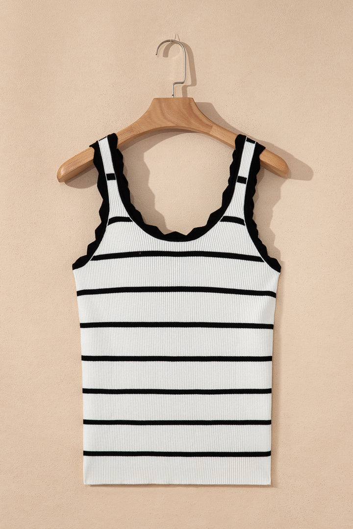 Black Striped Scalloped Edge U Neck Sleeveless Sweater Vest