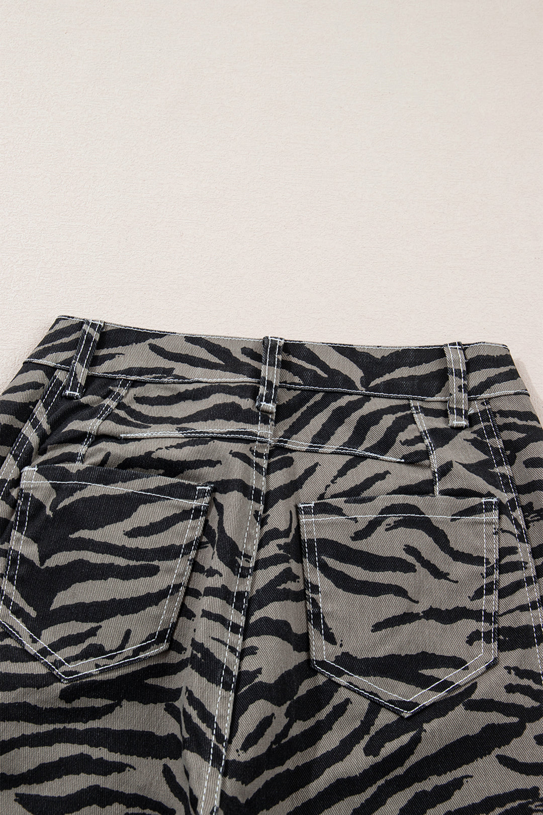 Gray Zebra Stripe Printed Wide Leg Barrel Jeans