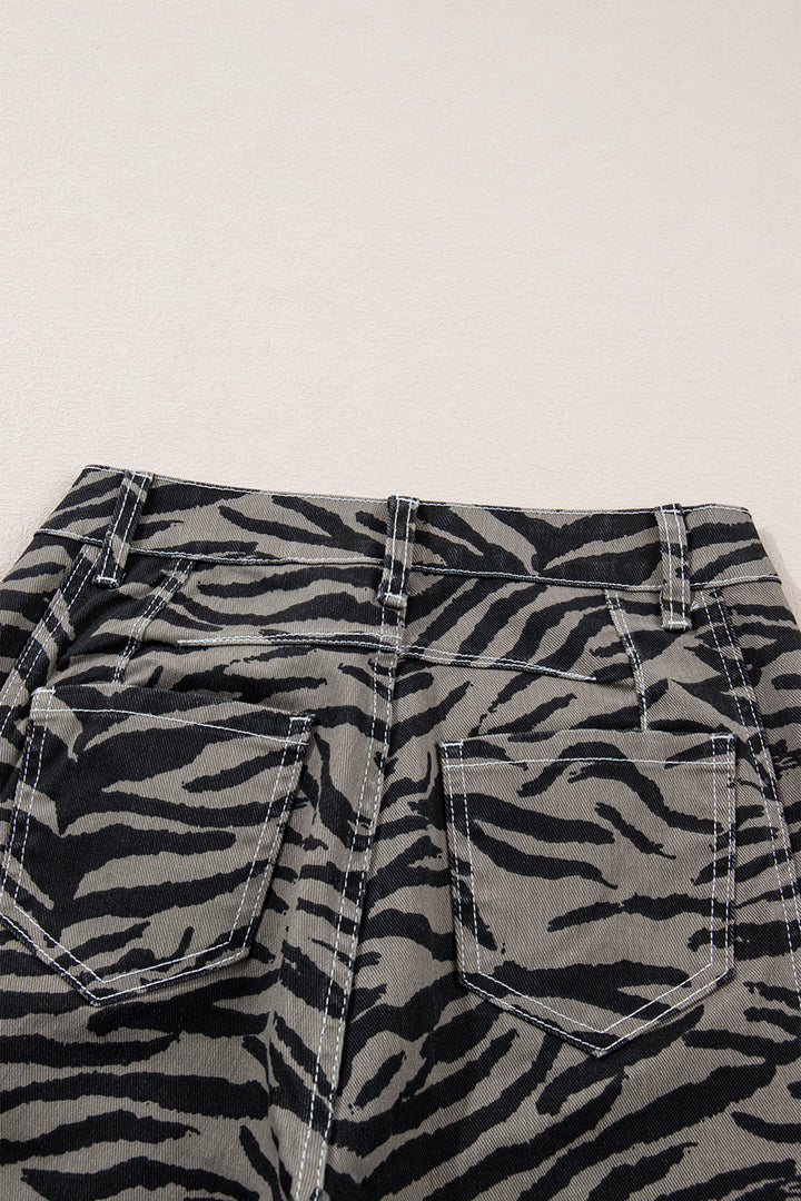 Gray Zebra Stripe Printed Wide Leg Barrel Jeans