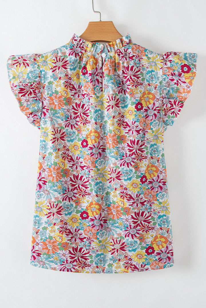 floral pleated detail flutter sleeve blouse