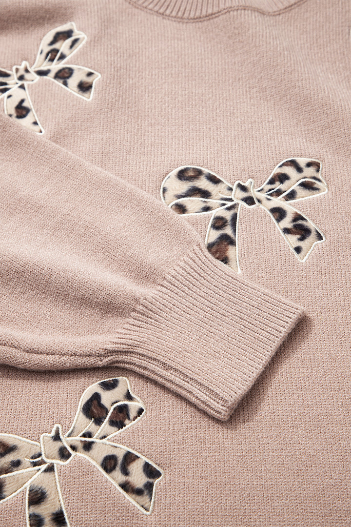 Dark Khaki Leopard Bow Embroidery Drop Shoulder Tunic Plus Size Sweater