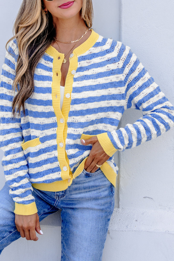 Sky Blue Stripe Button Front Long Sleeve Loose Fit Knit Cardigan
