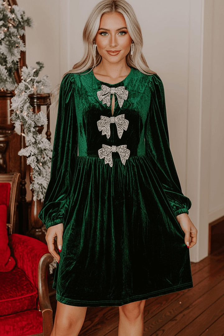 Evergreen Bowknot Decor High Waist Velvet Mini Dress