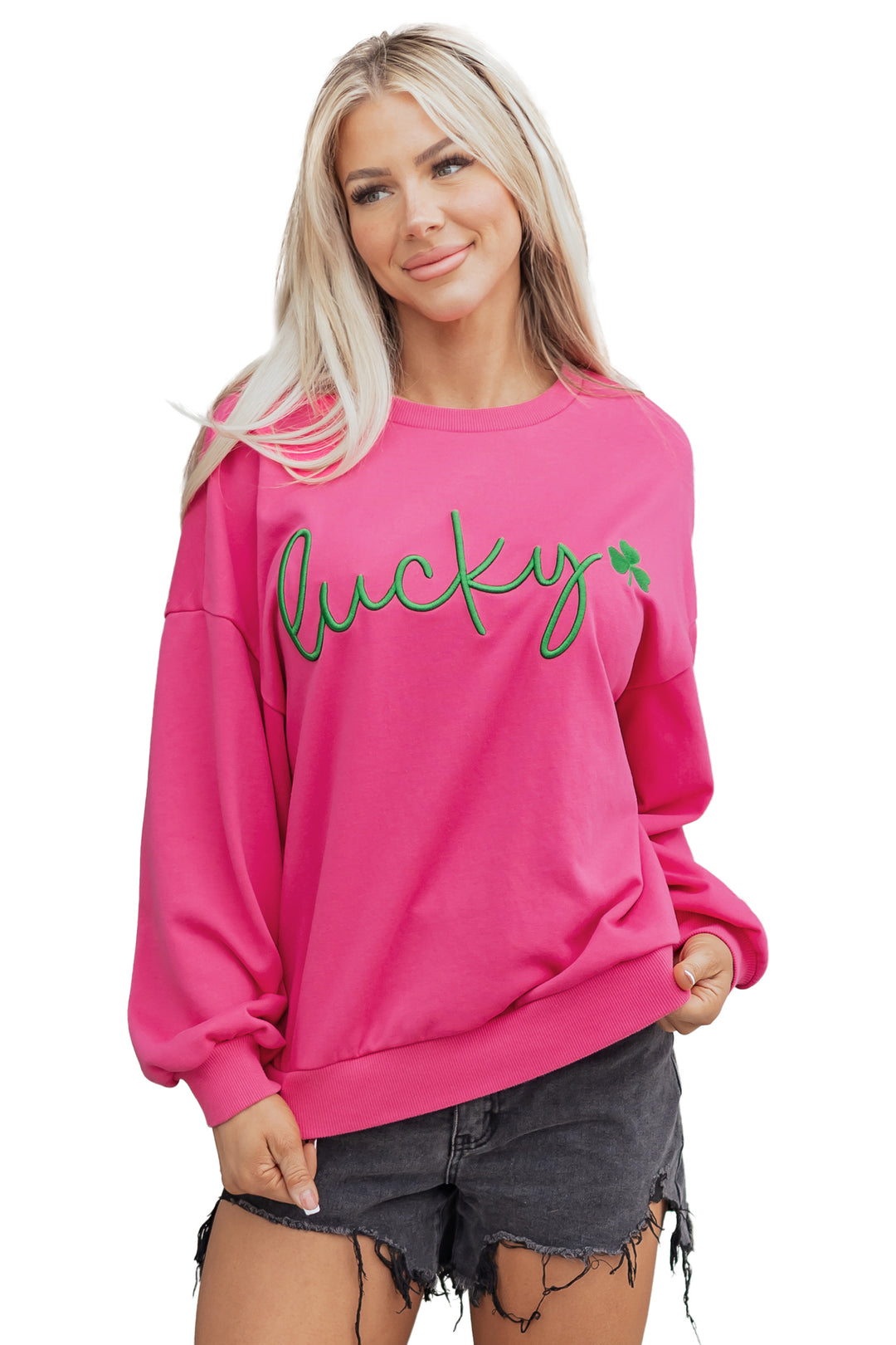 Lucky Clover Embroidered Loose Pullover Sweatshirt