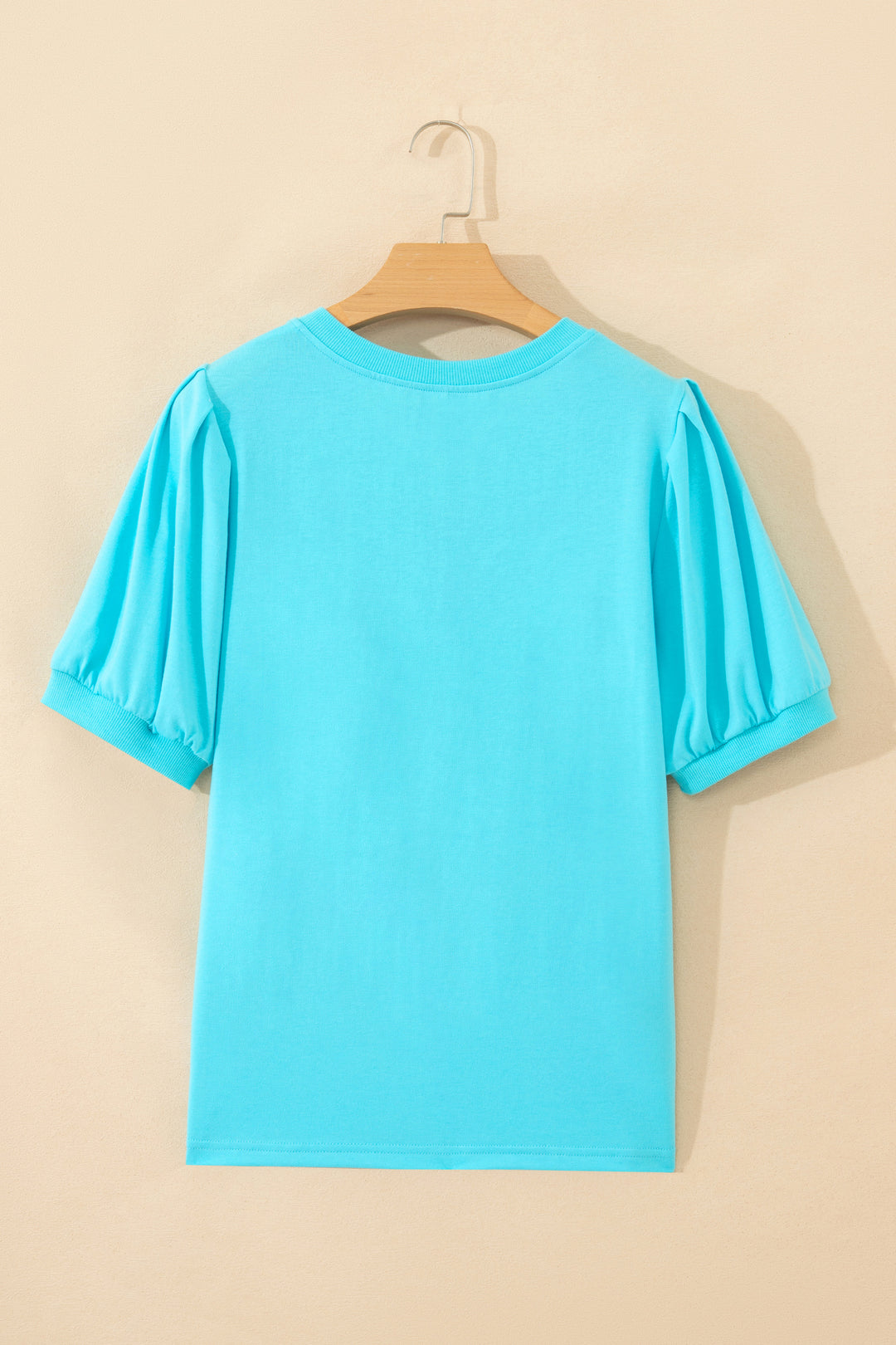 Turquoise Solid Color V Neck Short Puff Sleeve Blouse
