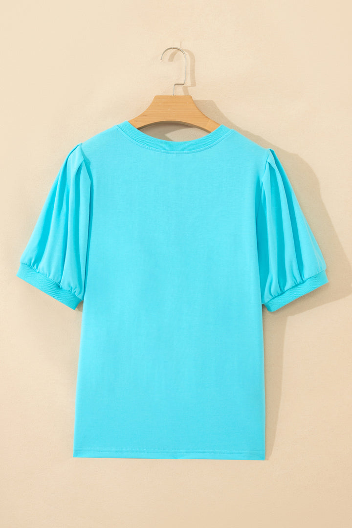 Turquoise Solid Color V Neck Short Puff Sleeve Blouse