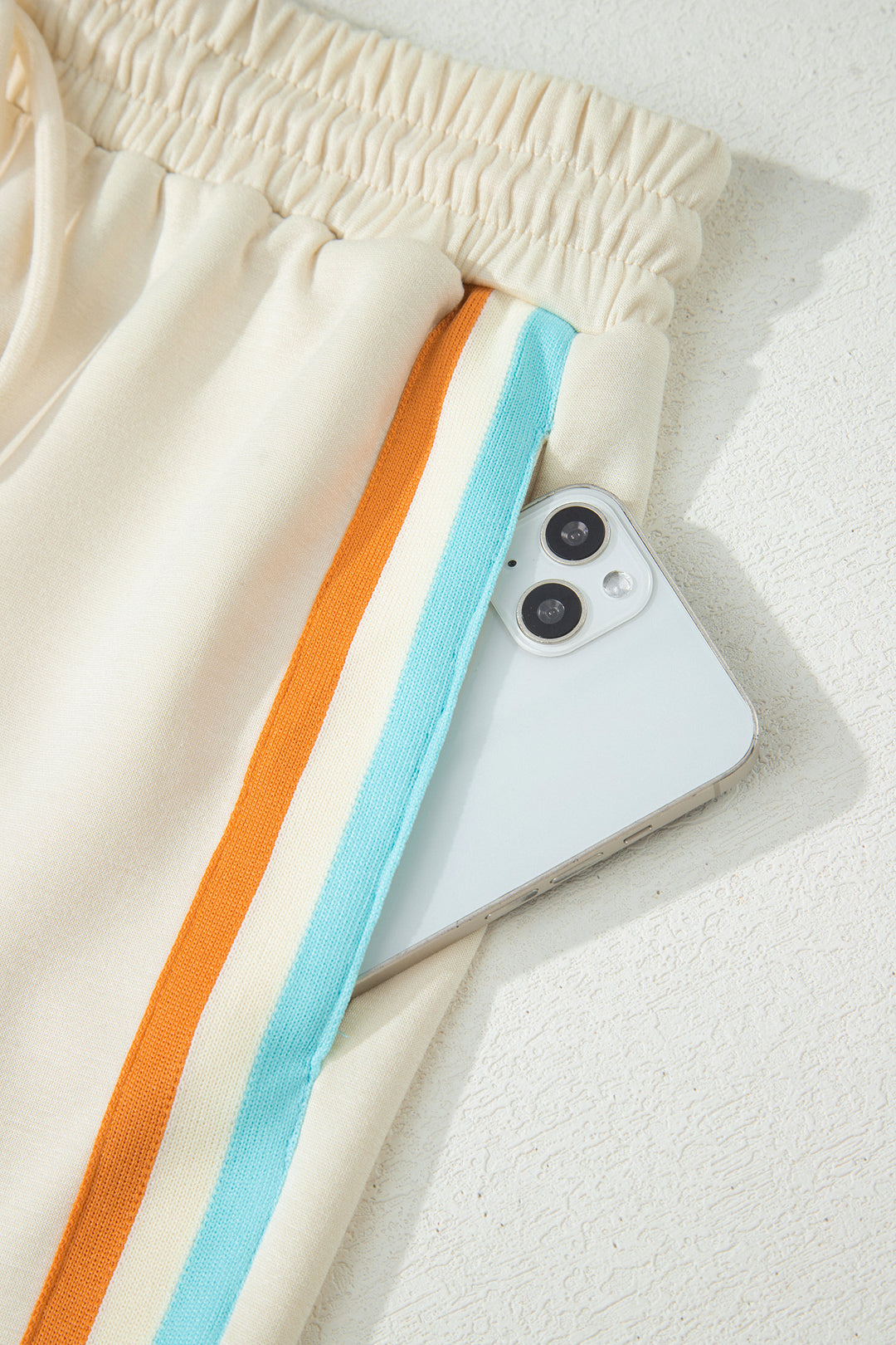 Apricot Colorful Striped Detail Half Zip Polo Tee Loose Shorts Set