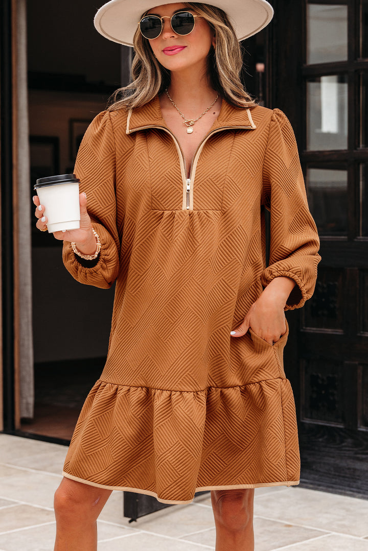 Quarter Zip Collar Bracelet Sleeve Textured Mini Dress