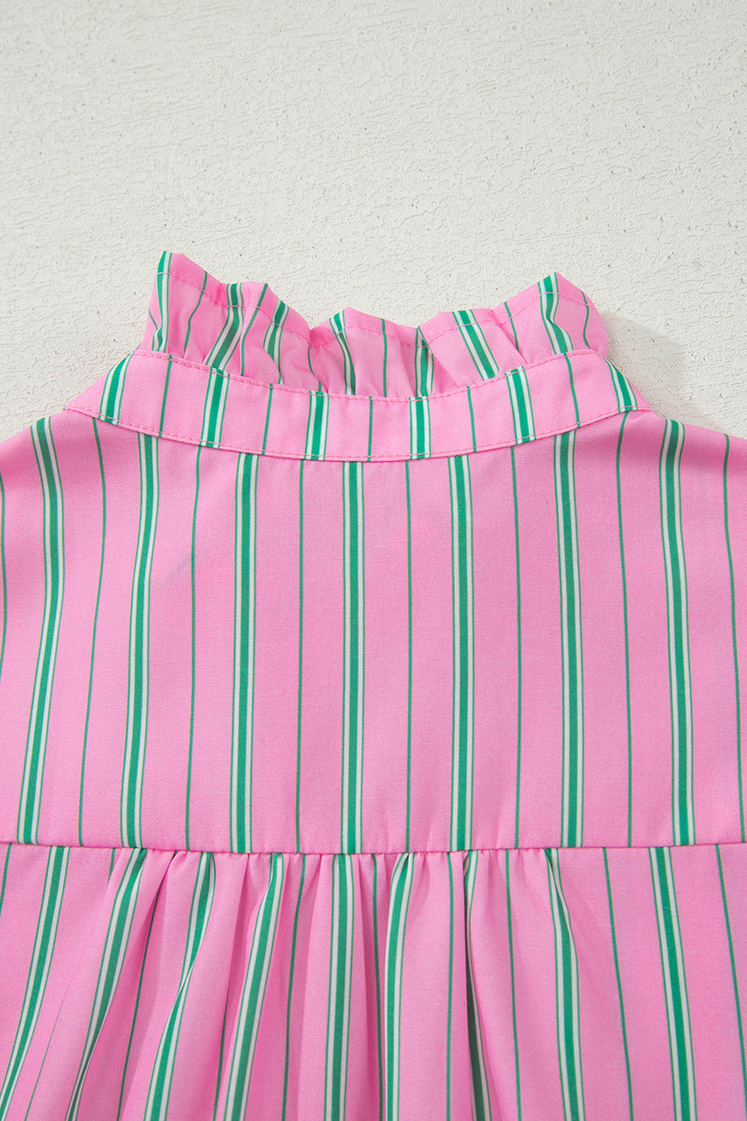Pink Stripe Ruffle Trim Half Button Short Puff Sleeve Blouse
