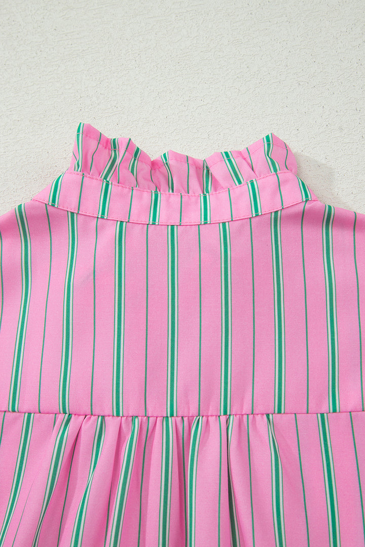Pink Stripe Ruffle Trim Half Button Short Puff Sleeve Blouse