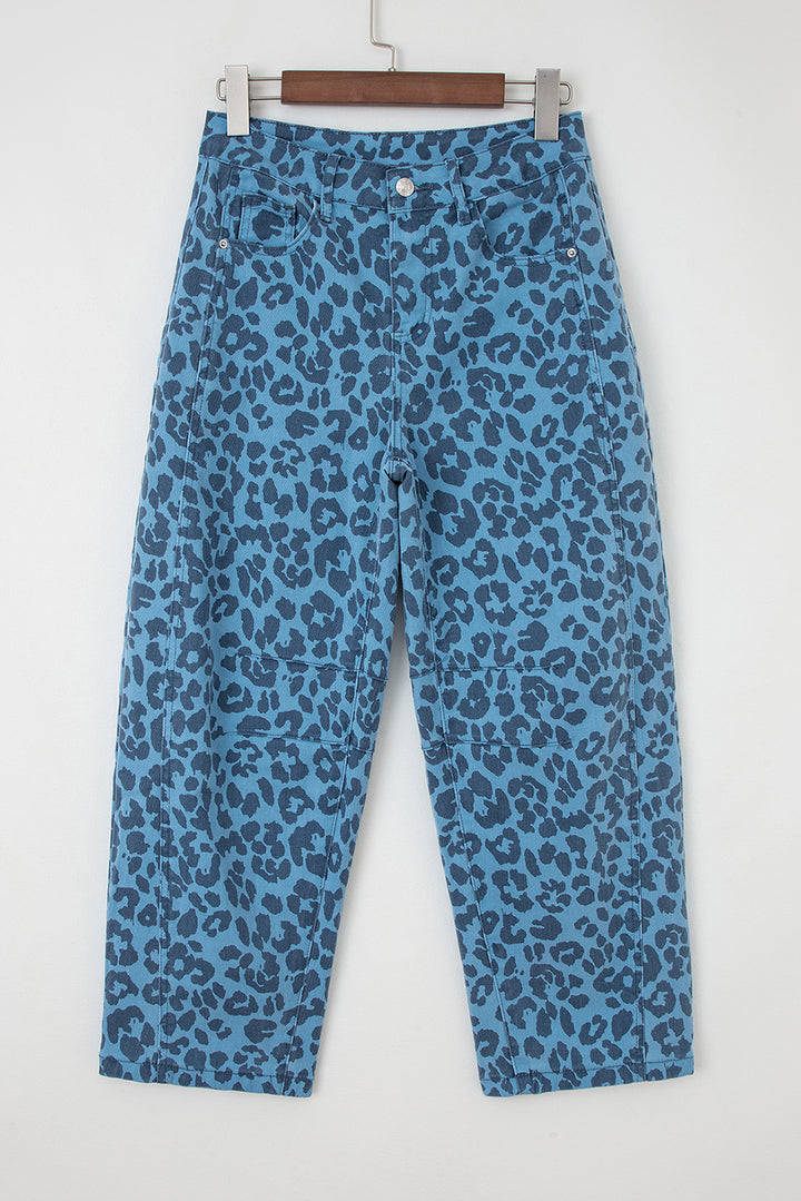 Sky Blue Leopard Print Barrel Leg Jeans