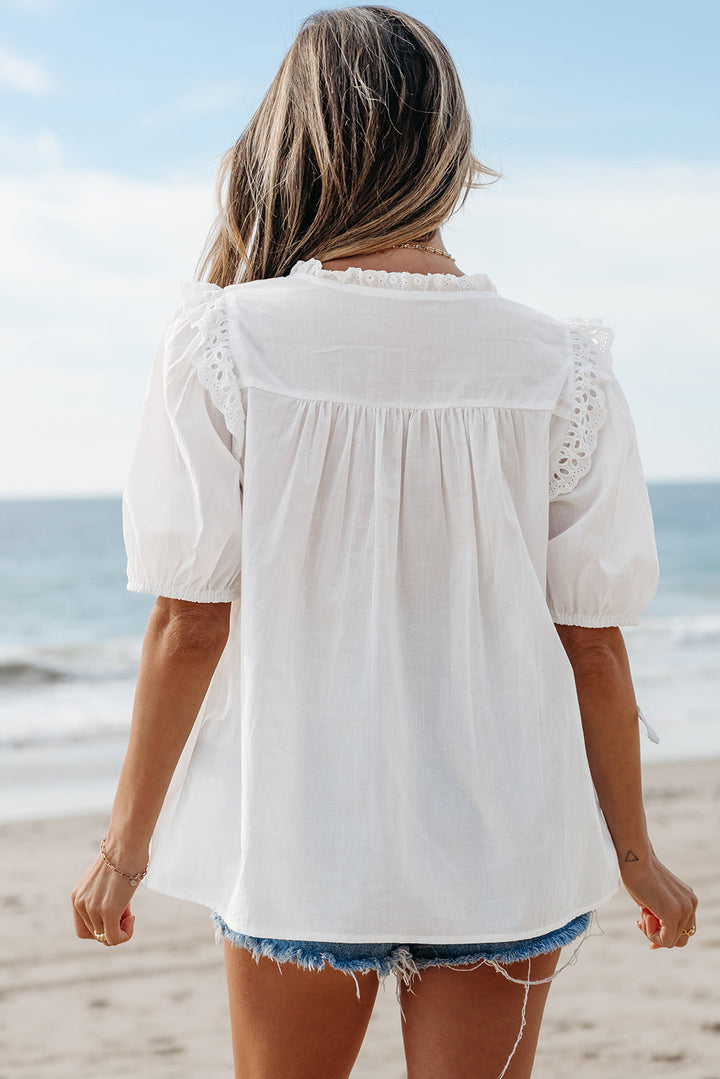 Embroidered Lace Patchwork Tie Neck Puff Short Sleeve Blouse