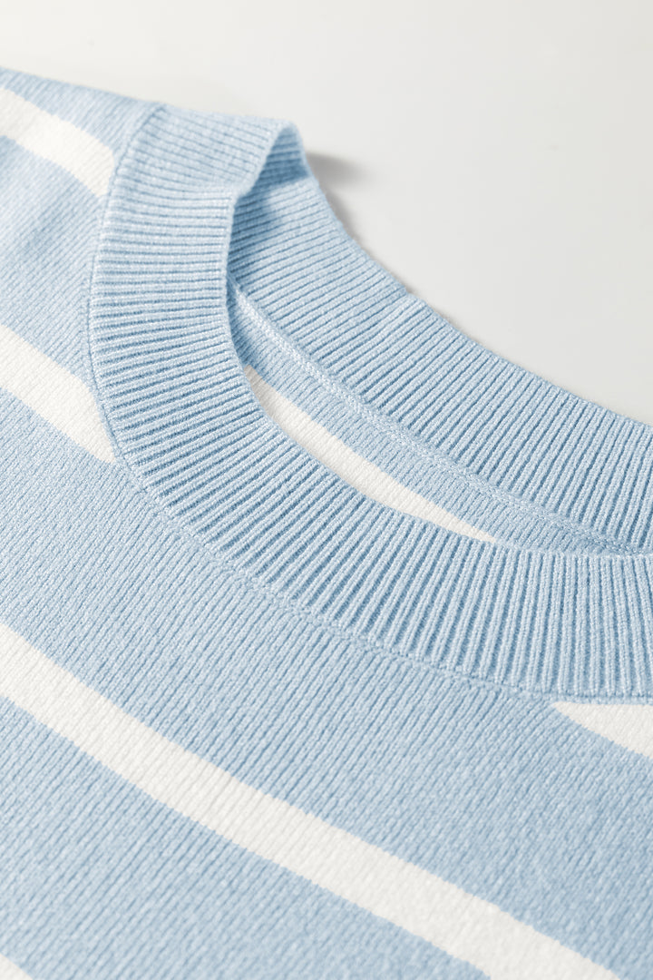 Beau Blue Side Slits Crewneck Short Sleeve Sweater Tee
