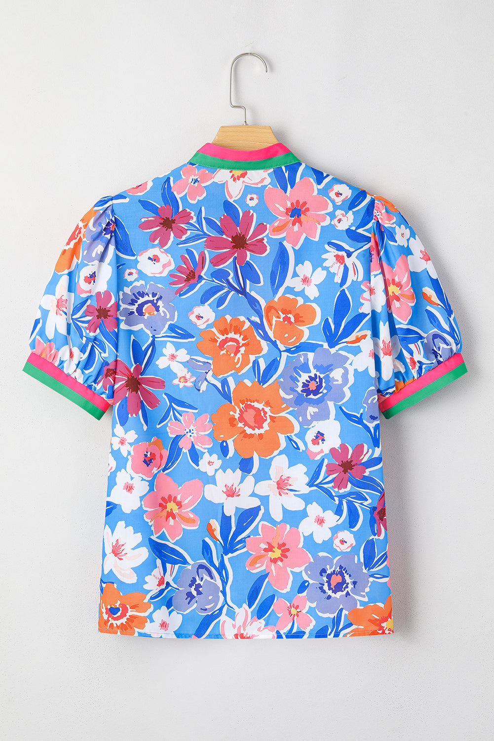 floral colorblock edge puff sleeve split neck blouse