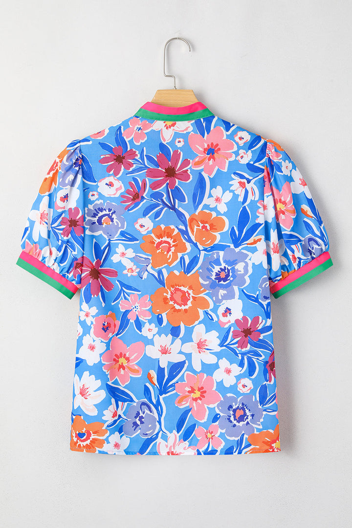 floral colorblock edge puff sleeve split neck blouse