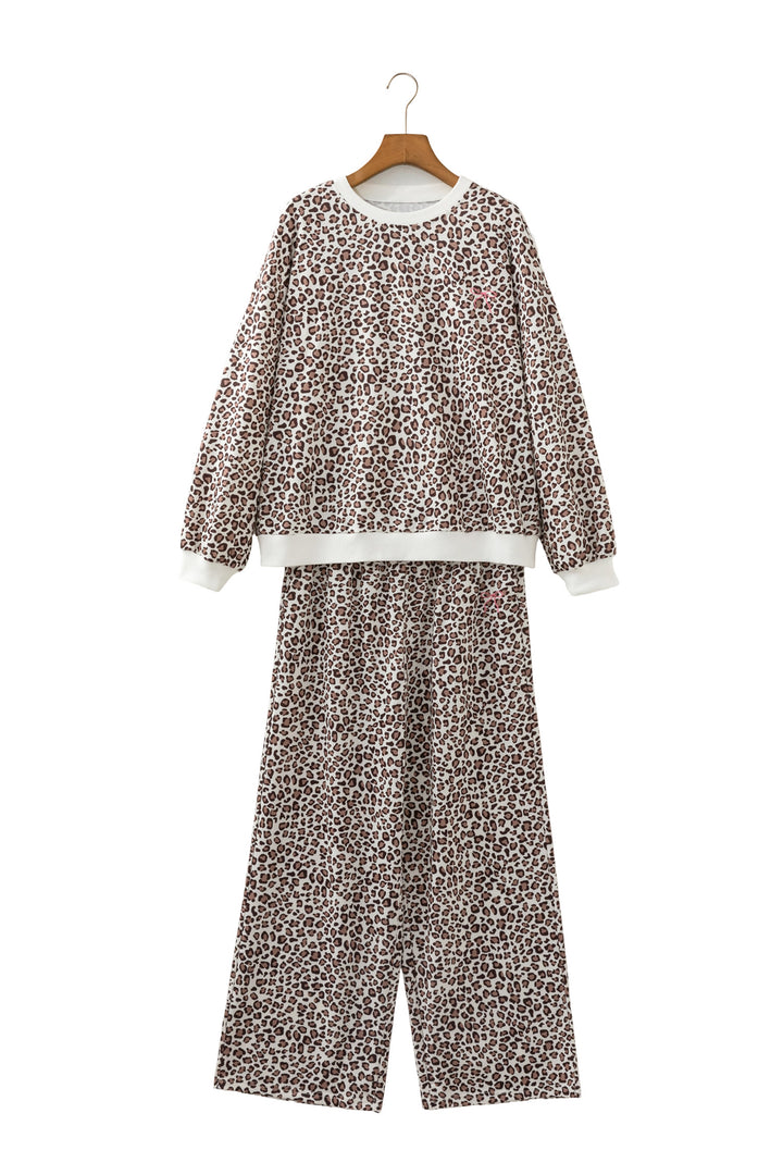 Khaki Leopard Print Embroidery Colorblock Details Pant Set